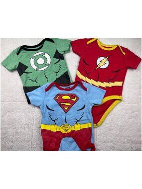 Justice League Baby Onesies 6-9 Month Bundle Superman, The Flash & Green Lantern